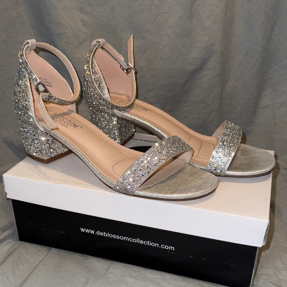 De Blossom Collection Glitter Silver Ankle-Strap Block Heels